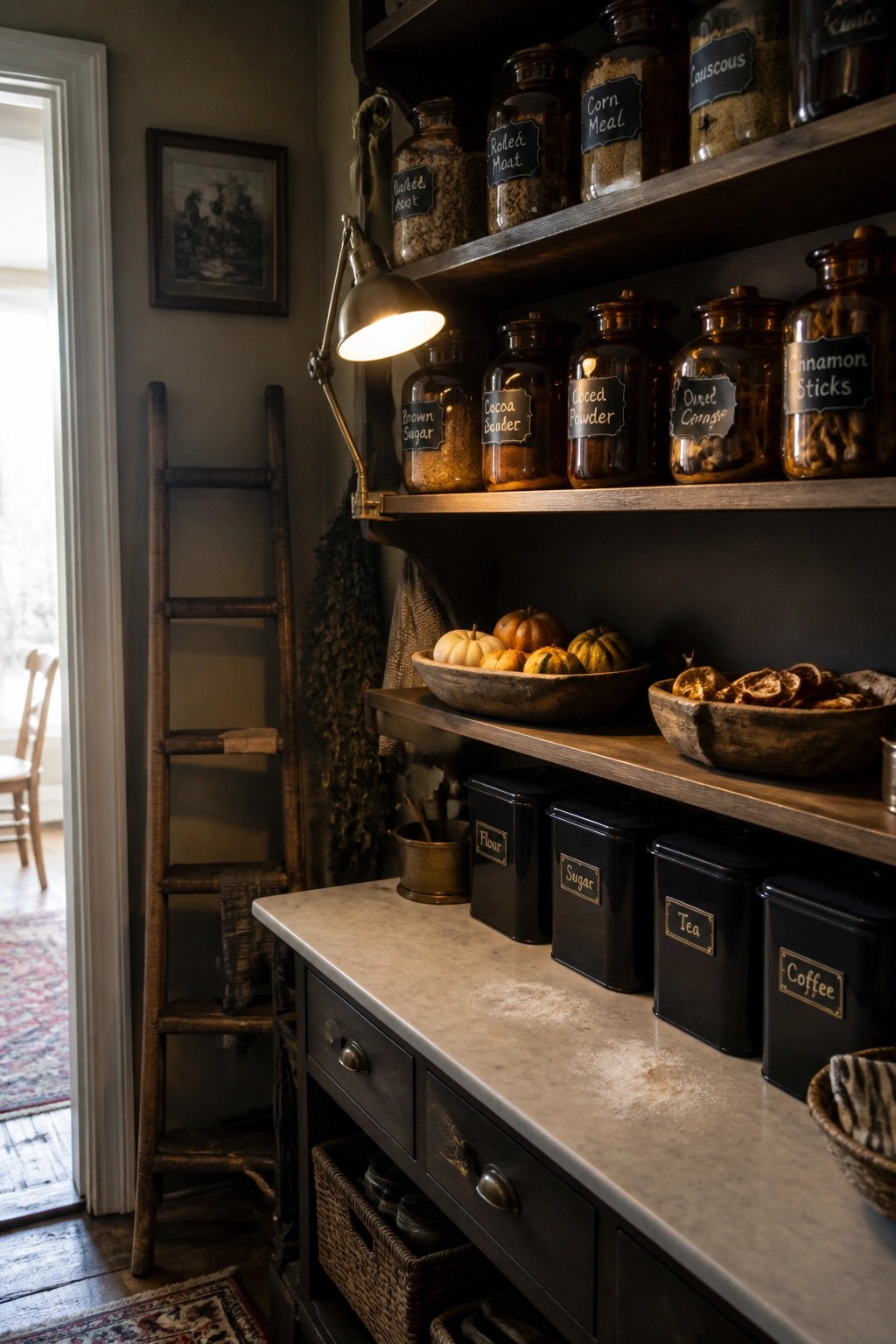 A rustic pantry interior with dark wooden open shelves holding labeled glass jars, a wooden bowl of small pumpkins, another bowl of dried orange slices, and black canisters on a marble countertop.