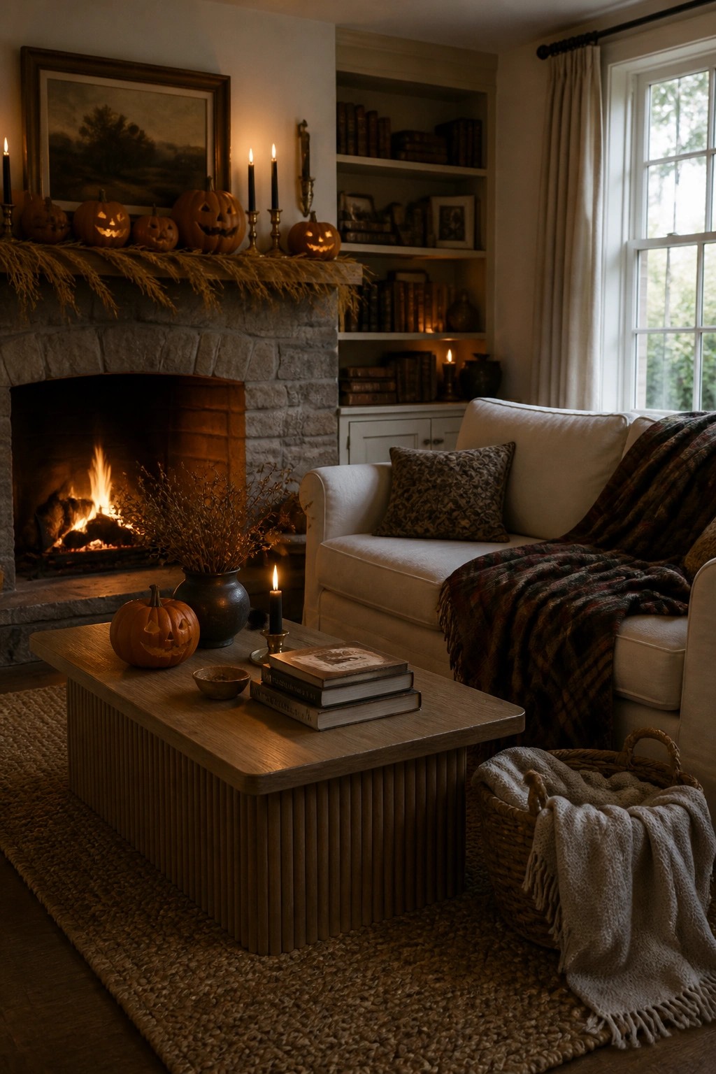 A cozy living room featuring a stone fireplace with carved pumpkins and candles on the mantel, a white sofa with plaid throw, and a wooden coffee table holding books and a small pumpkin.