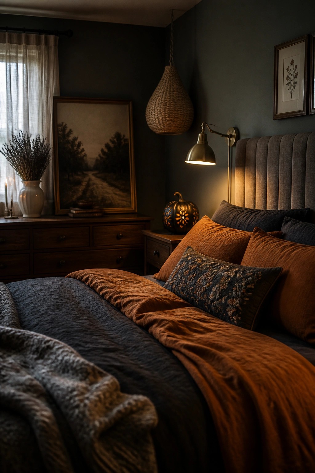 Cozy dark teal bedroom with rust-orange bedding, wooden dresser, and warm glowing lamps.
