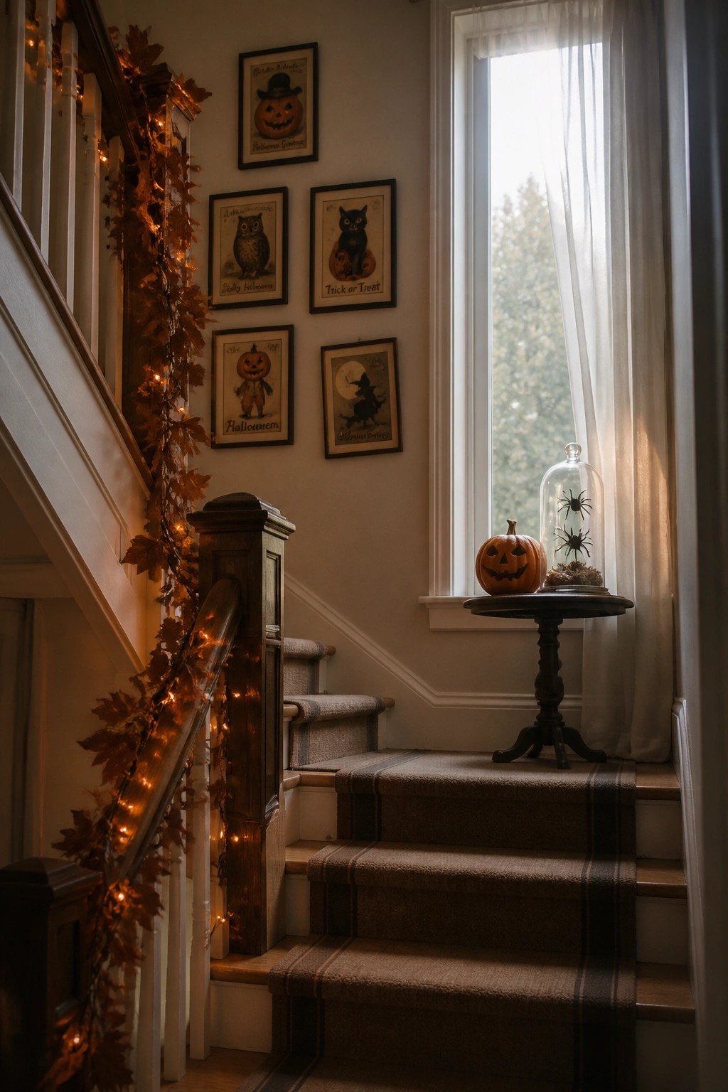 A staircase with a wooden railing wrapped in an autumn leaf garland and string lights, Halloween framed prints on the wall, and a small table holding a pumpkin and glass cloche near a window.