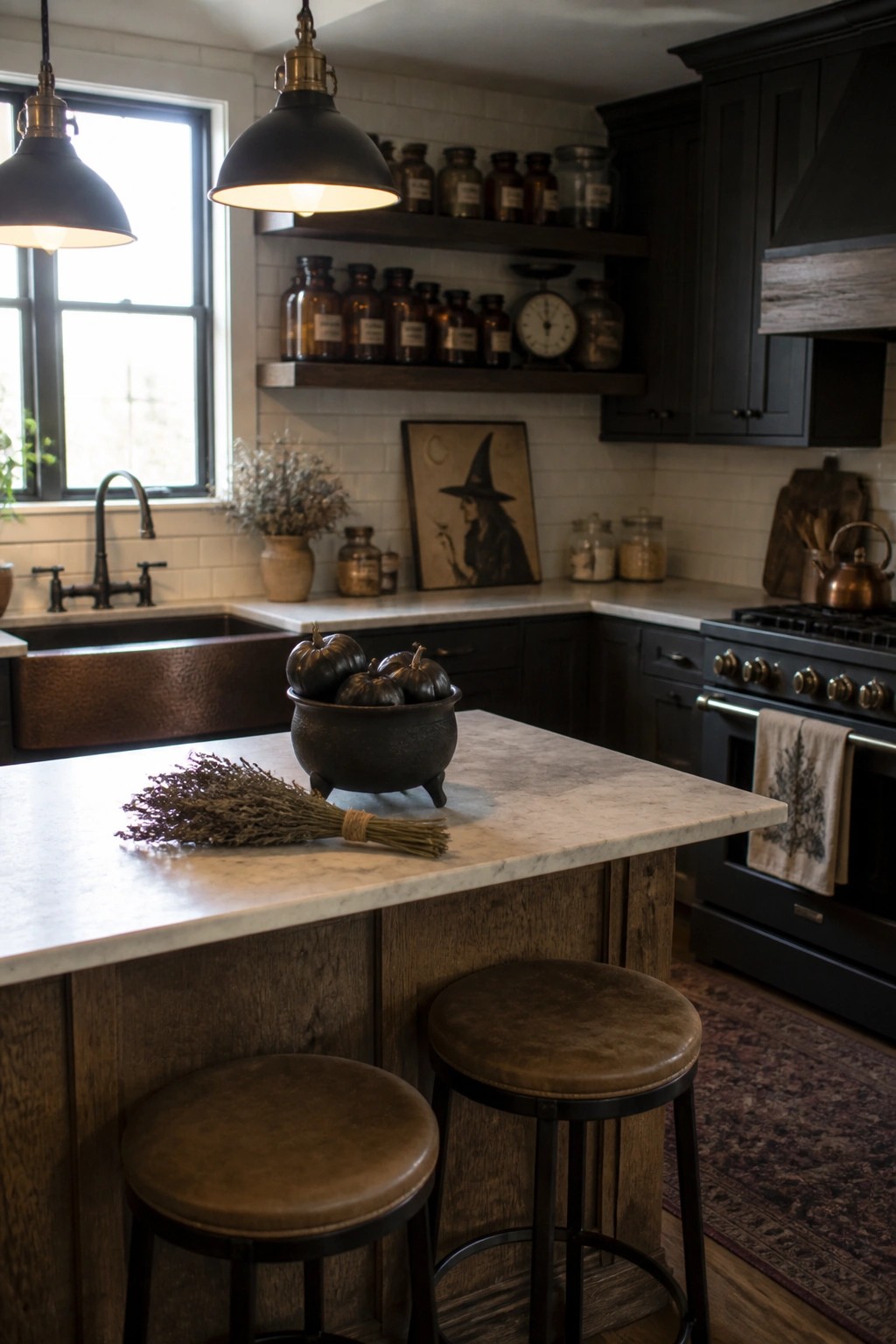 A kitchen island topped with a black cauldron holding dark pumpkins, dried herbs to one side, and two upholstered stools underneath.
