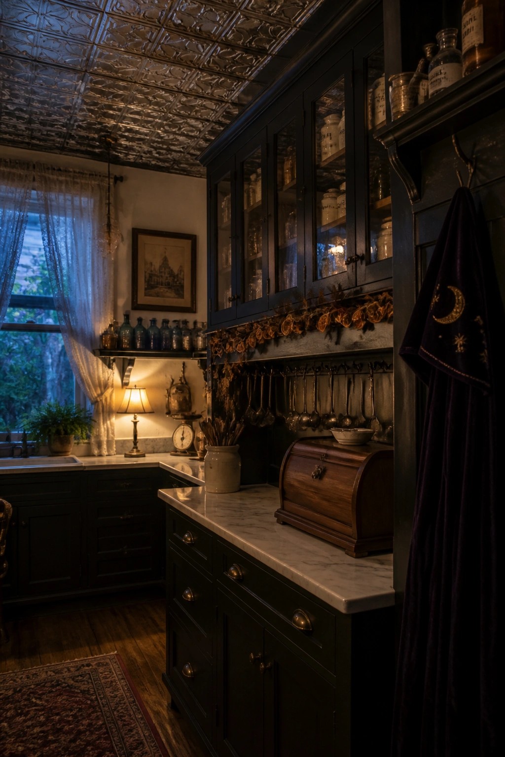 Dark moody kitchen with black cabinets, marble counters, hanging utensils, and celestial cloth.