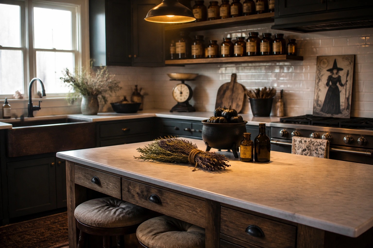 A kitchen island topped with a black cauldron holding dark pumpkins, dried herbs to one side, and two upholstered stools underneath.