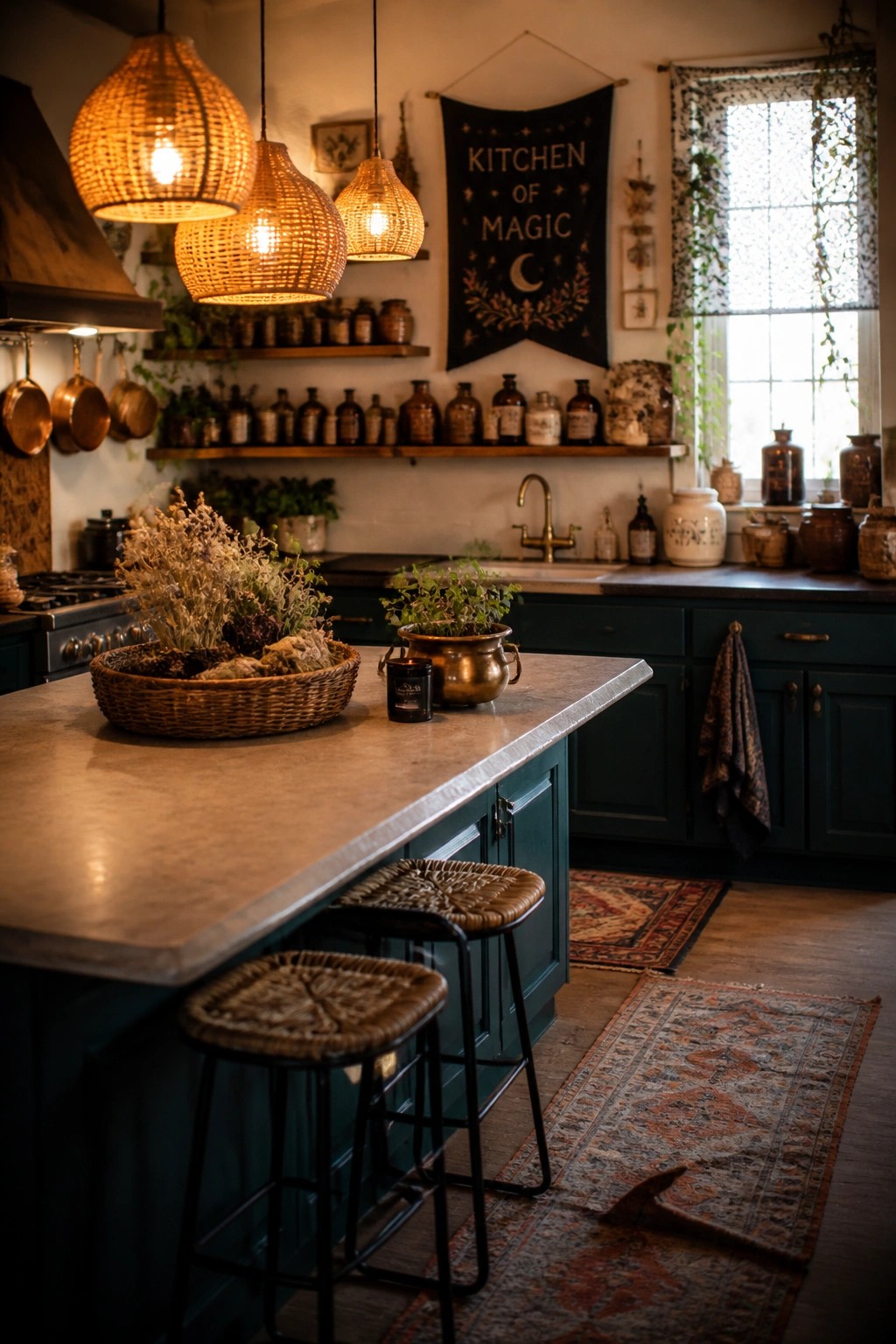 Rustic kitchen with woven pendant lights, green island, and magic banner