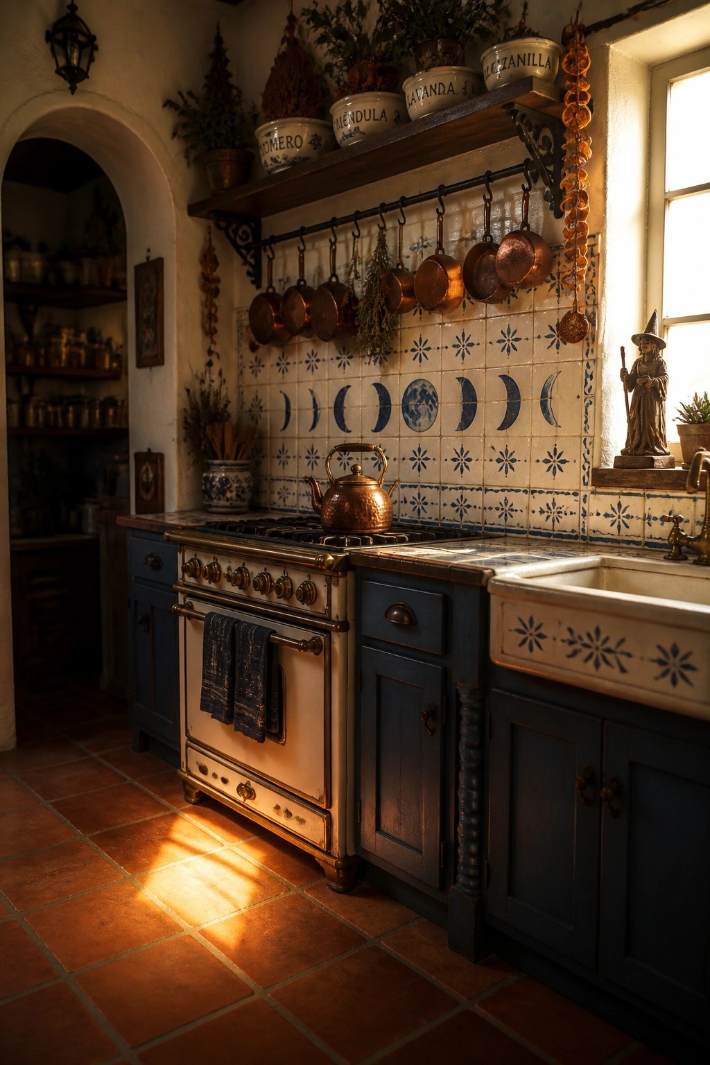 A rustic kitchen with blue cabinets, a copper range stove, hanging copper pots, and a blue and white tile backsplash featuring moon phases and star patterns.