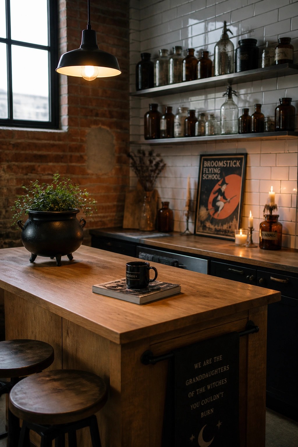 A kitchen interior showing a wooden island with a black cauldron and mug, plus open metal shelves holding rows of vintage brown glass bottles against a white tile wall.