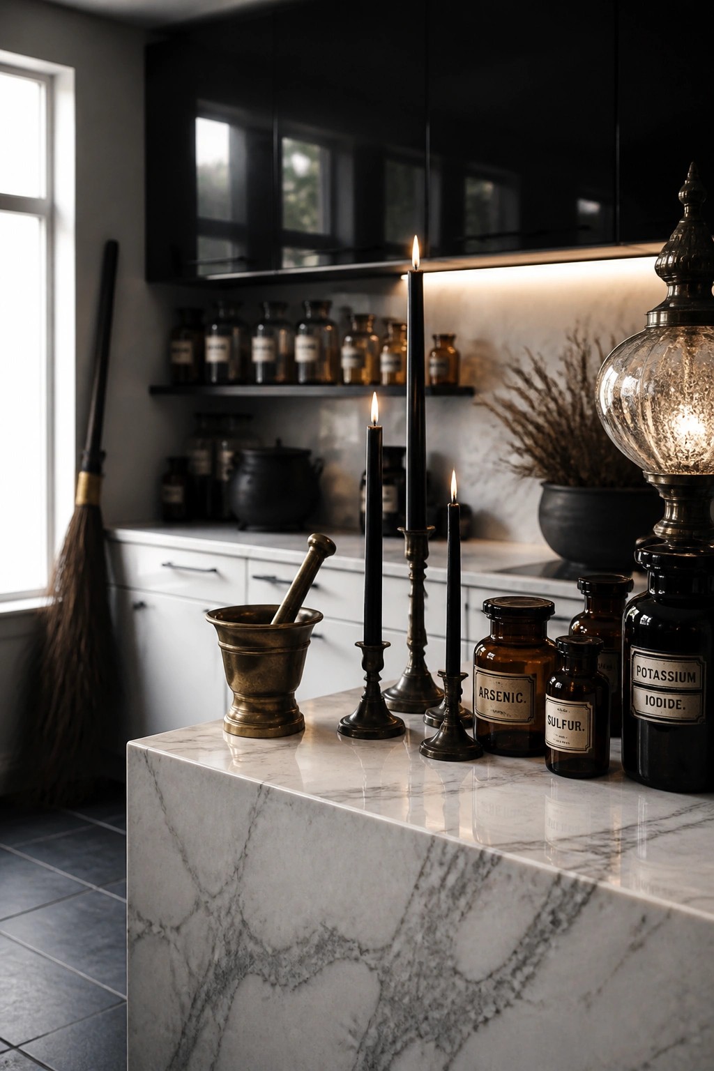 Marble counter with lit black candles, brass mortar, and labeled apothecary bottles in moody kitchen