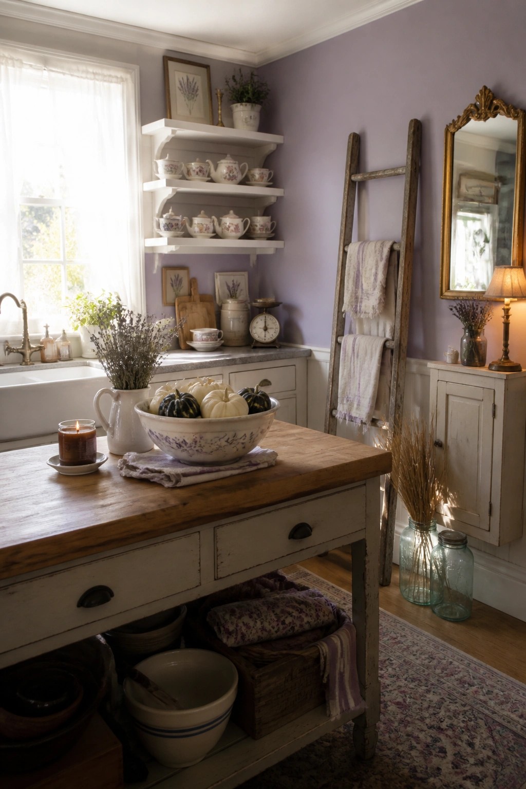 A kitchen interior with white open shelves displaying vintage floral teacups and saucers on lavender walls, a wooden table holding a bowl of pumpkins, and a white farmhouse sink visible nearby.