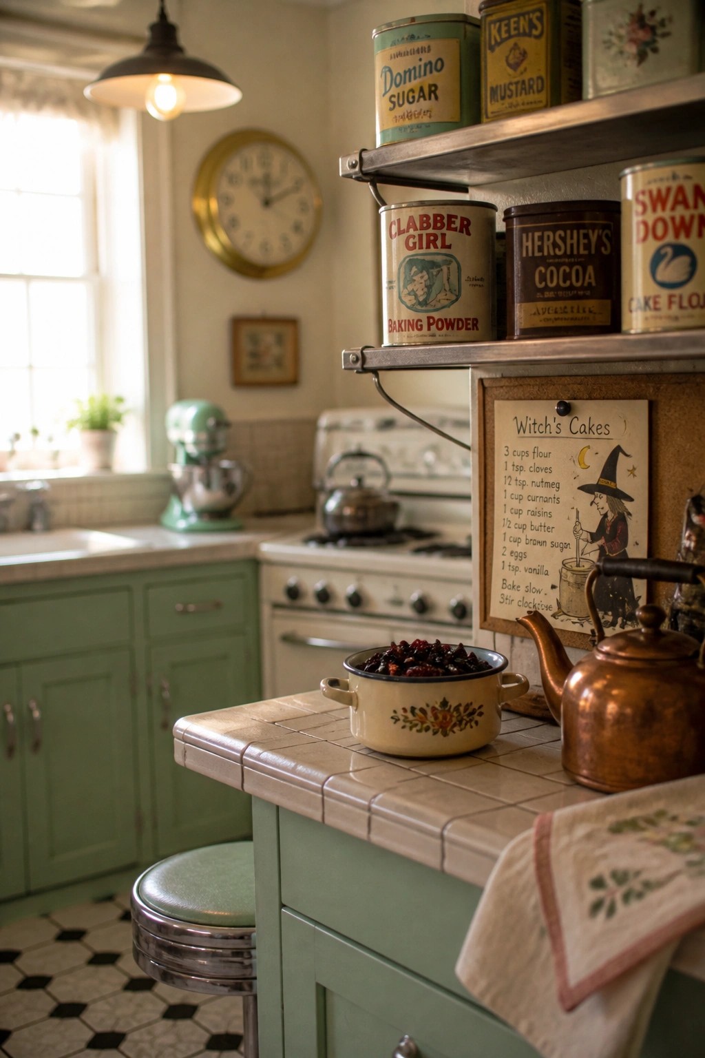 A retro kitchen interior with green cabinets, a tiled countertop holding a bowl and copper kettles, metal shelves displaying vintage tins, a wall clock, and a witch recipe card.