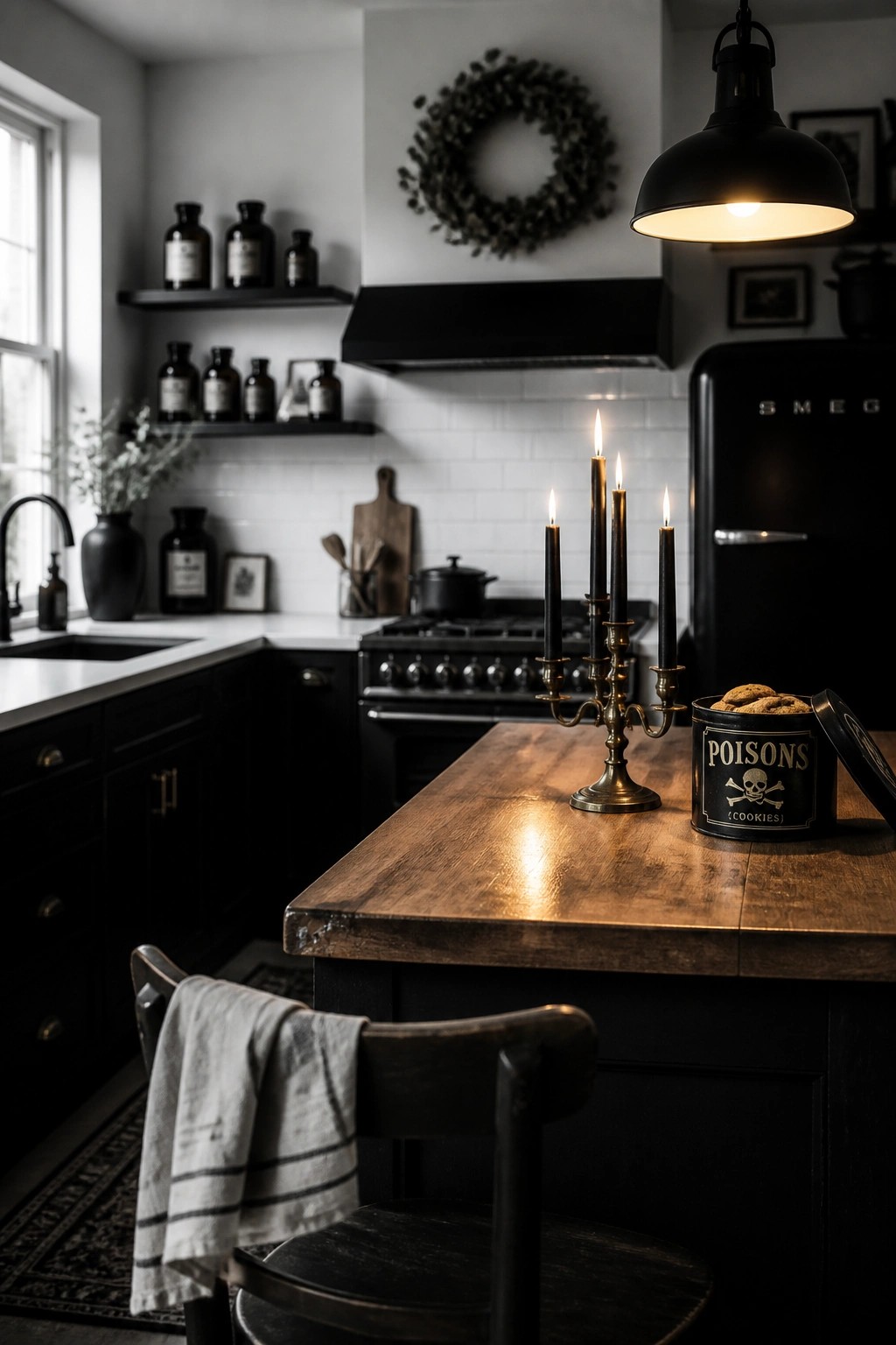 A dark kitchen island featuring a black vintage-style tin labeled 