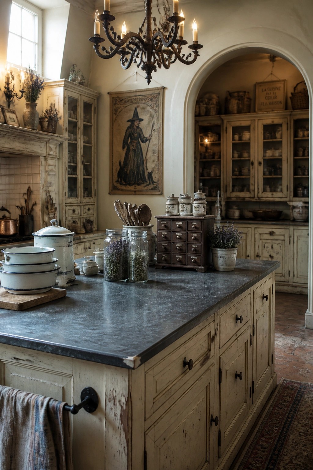 A kitchen interior with distressed white cabinets, a dark stone island, a large vintage witch poster on the wall, and assorted jars and herbs on the counter.