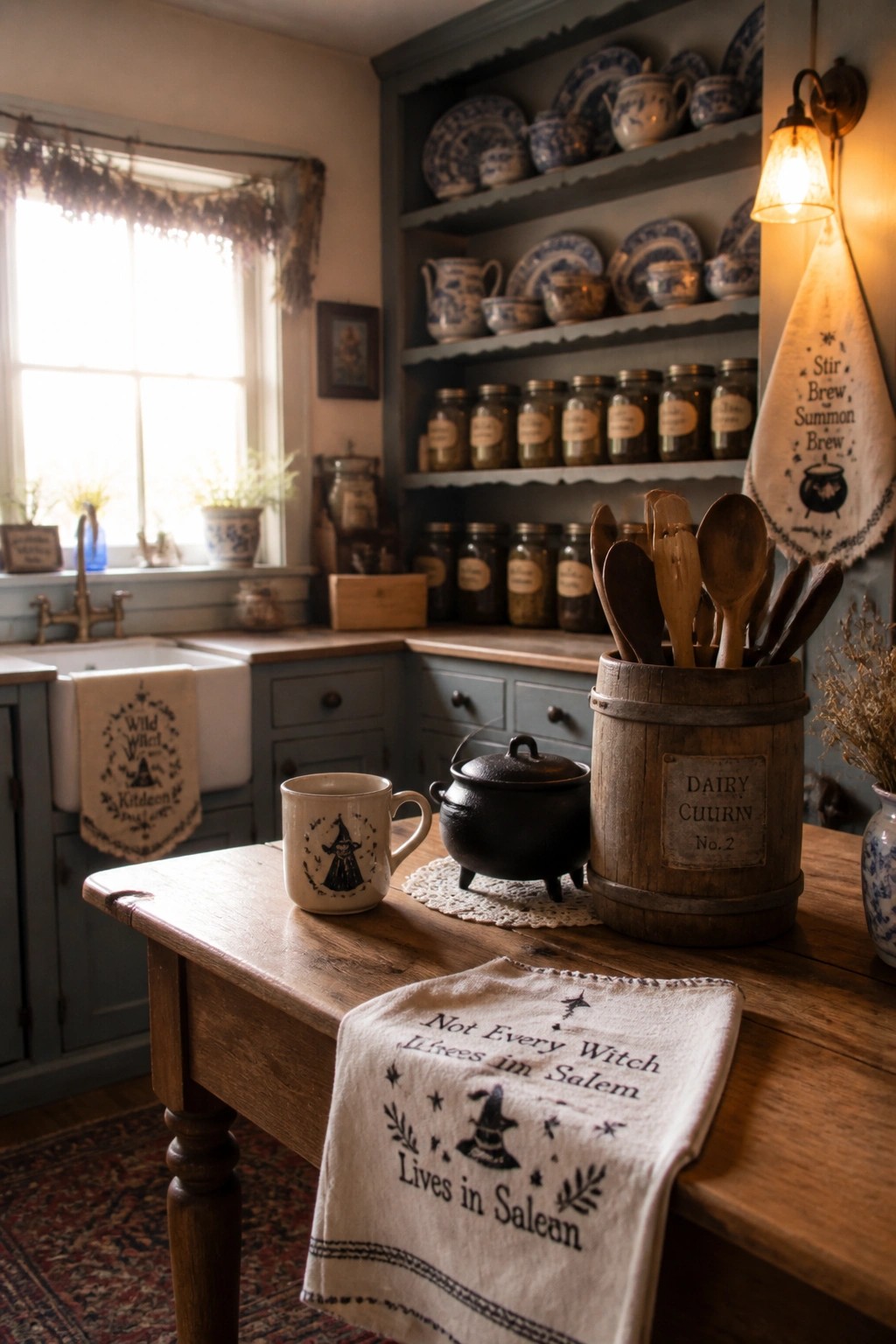 A wooden kitchen table with a witch-printed mug, black cauldron, wooden utensil crock, and embroidered towel in a blue vintage kitchen with open shelving and a farmhouse sink.
