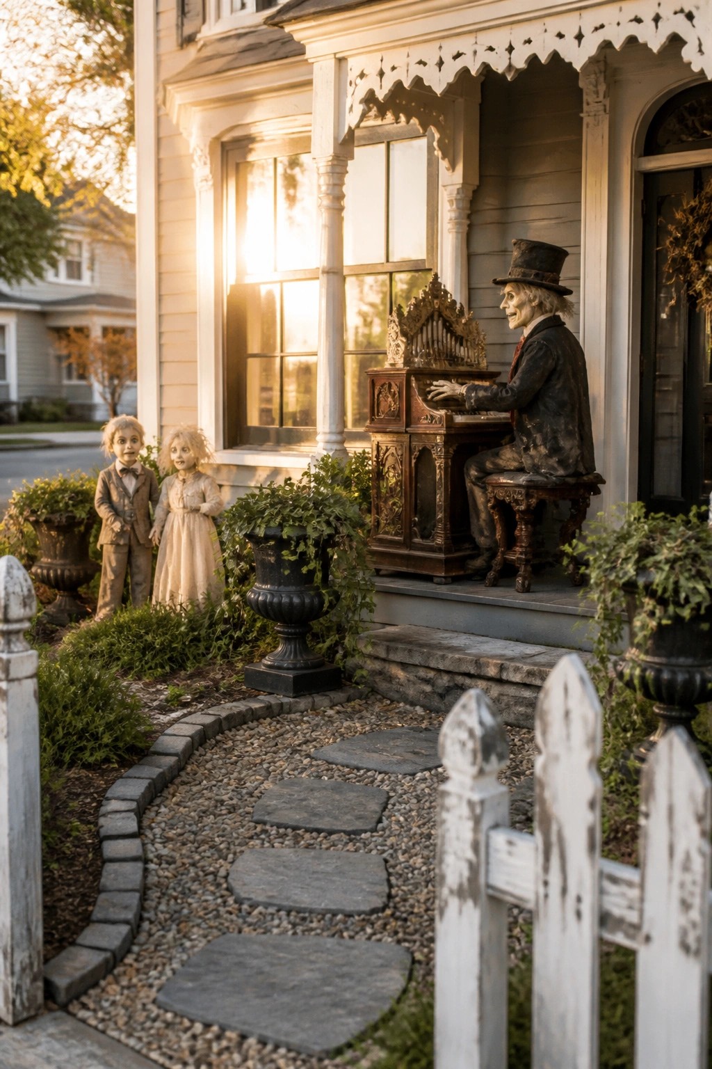 A front porch of a house features a large animatronic skeleton in a top hat playing an organ, with two child-like figures standing in the garden nearby and a stone path leading to the steps.