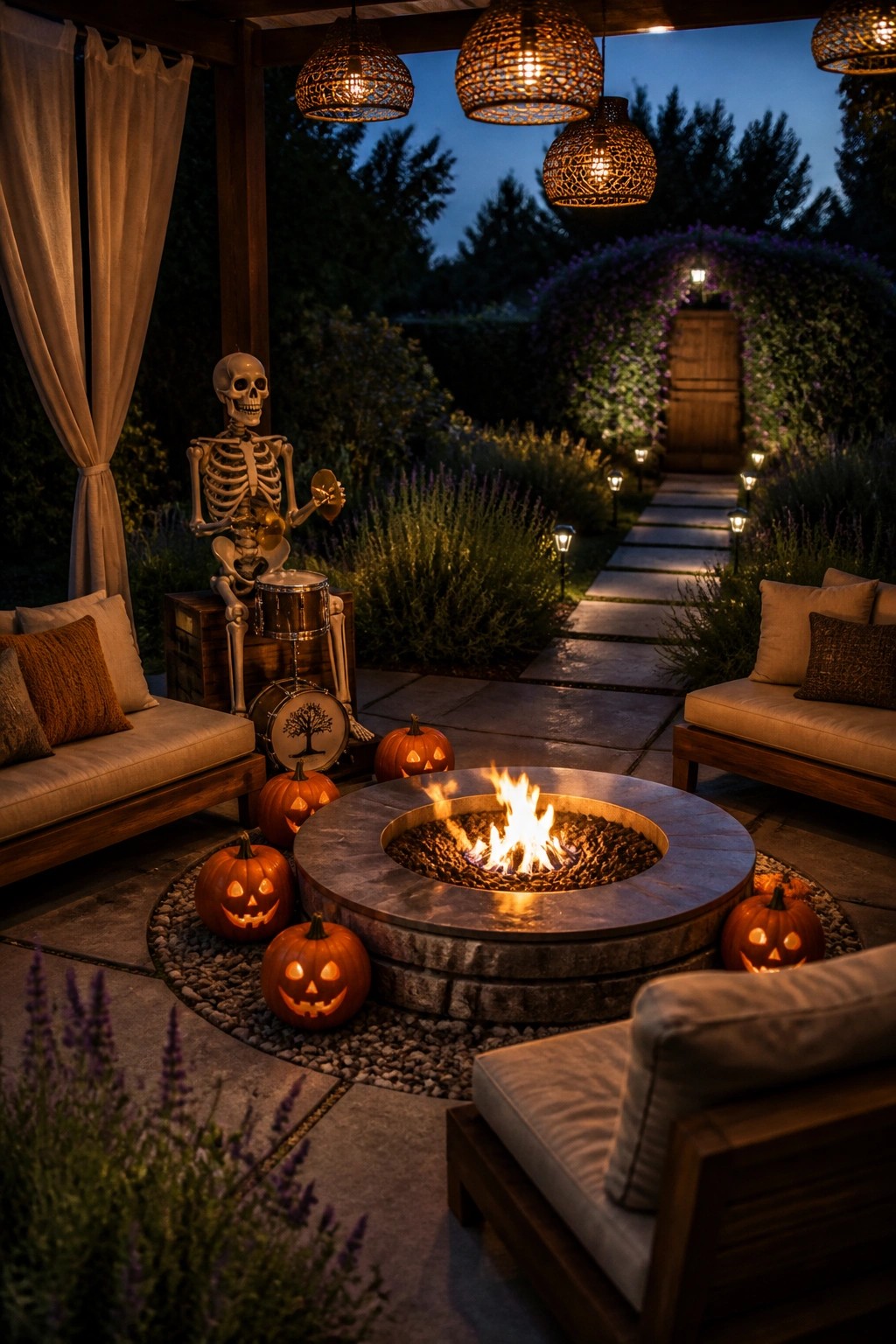 A stone fire pit on a patio surrounded by carved pumpkins, outdoor sofas, and a skeleton playing drums under hanging woven lights.