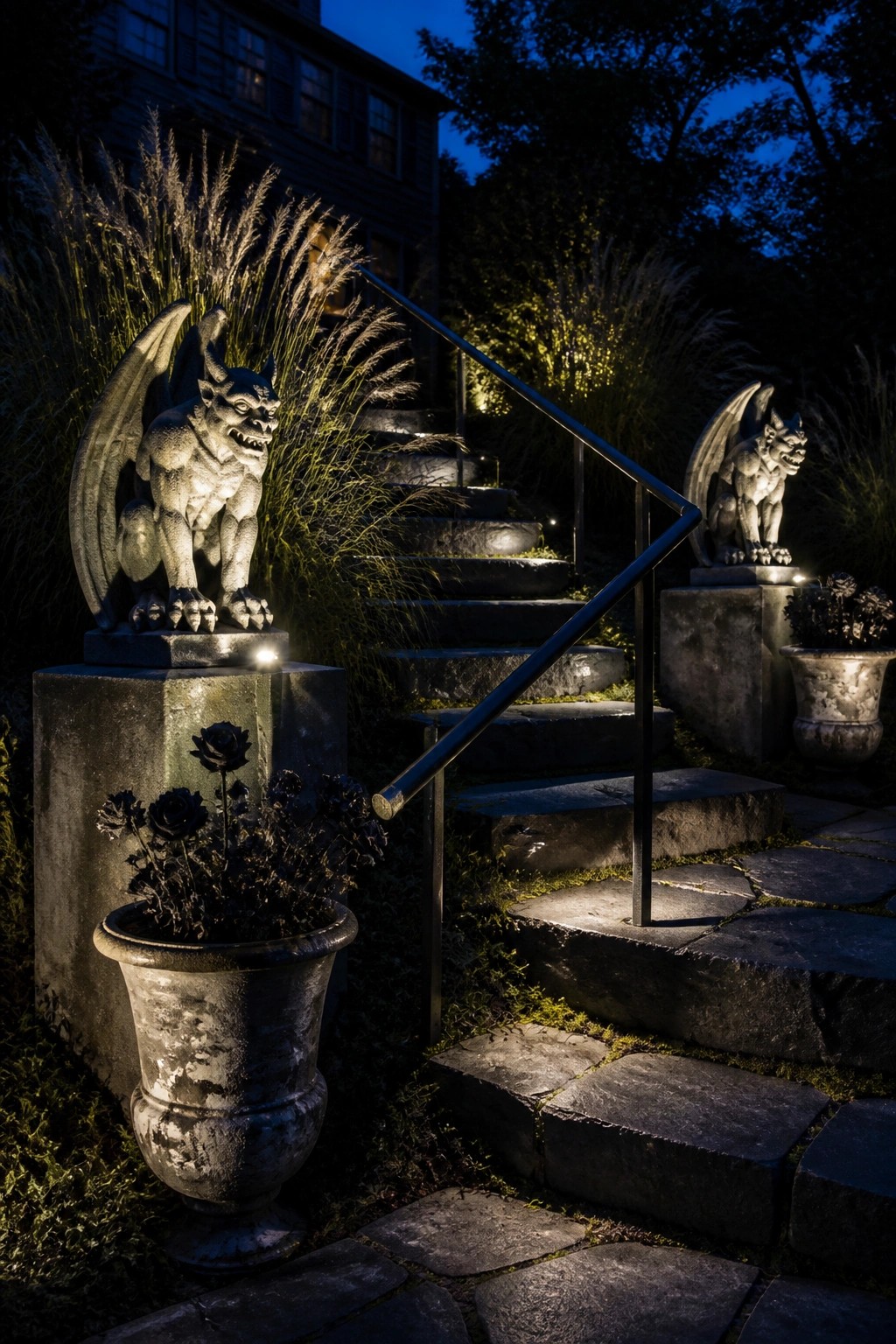 Gargoyle statues flank a lit stone staircase with metal rail and potted plants at night.