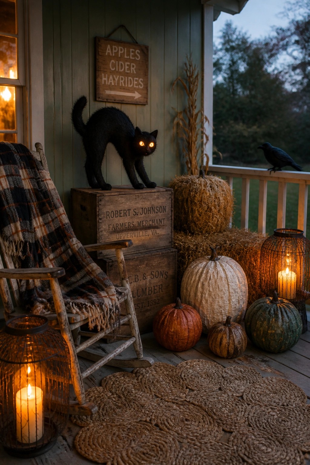 A wooden porch at dusk decorated with pumpkins, hay bales, lanterns, wooden crates, a rocking chair, and a black cat figure with glowing eyes.