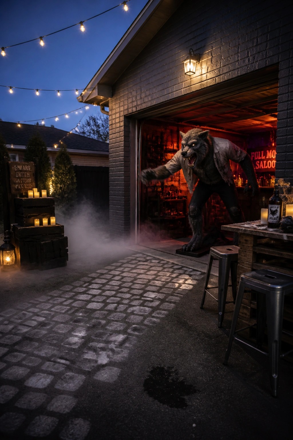 A large werewolf animatronic stands in an open garage entrance at night with string lights overhead and a small outdoor bar setup nearby.