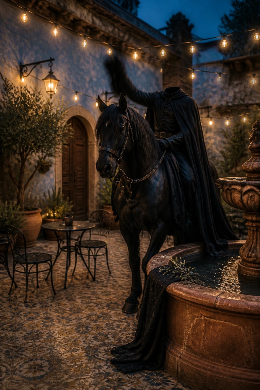 A headless horseman animatronic on a black horse stands beside a stone fountain in a tiled outdoor courtyard with string lights overhead.