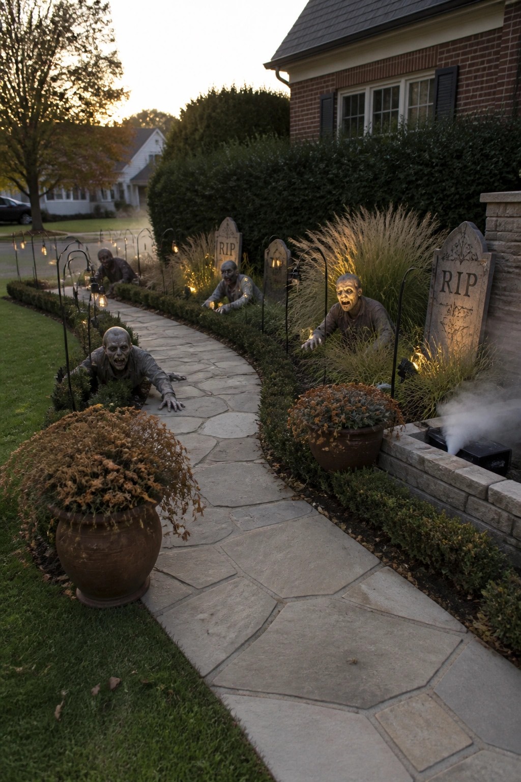 Zombie props crawl along stone path beside RIP tombstones, potted plants, and fog.