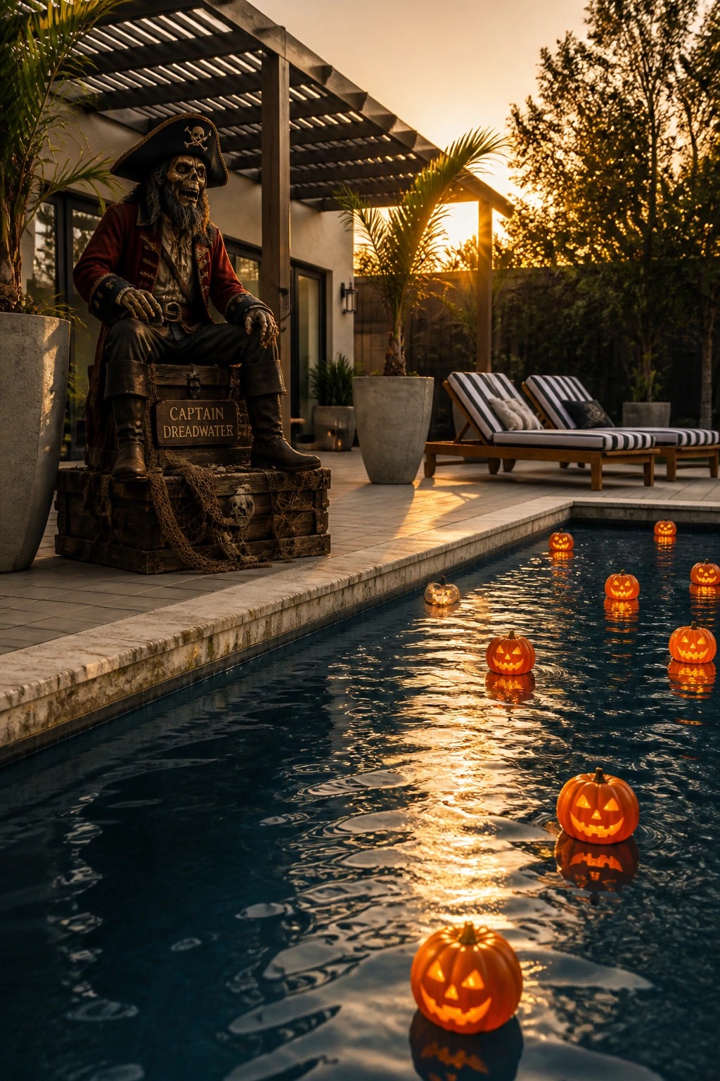 A pirate skeleton animatronic sits on a wooden chest beside a pool lined with floating jack-o'-lanterns at sunset.