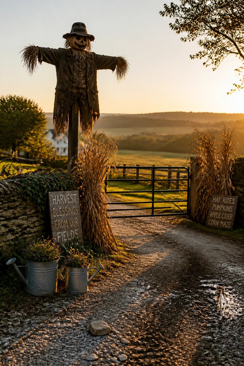 A scarecrow mounted on a post stands beside an open metal gate on a gravel path with wooden signs nearby.