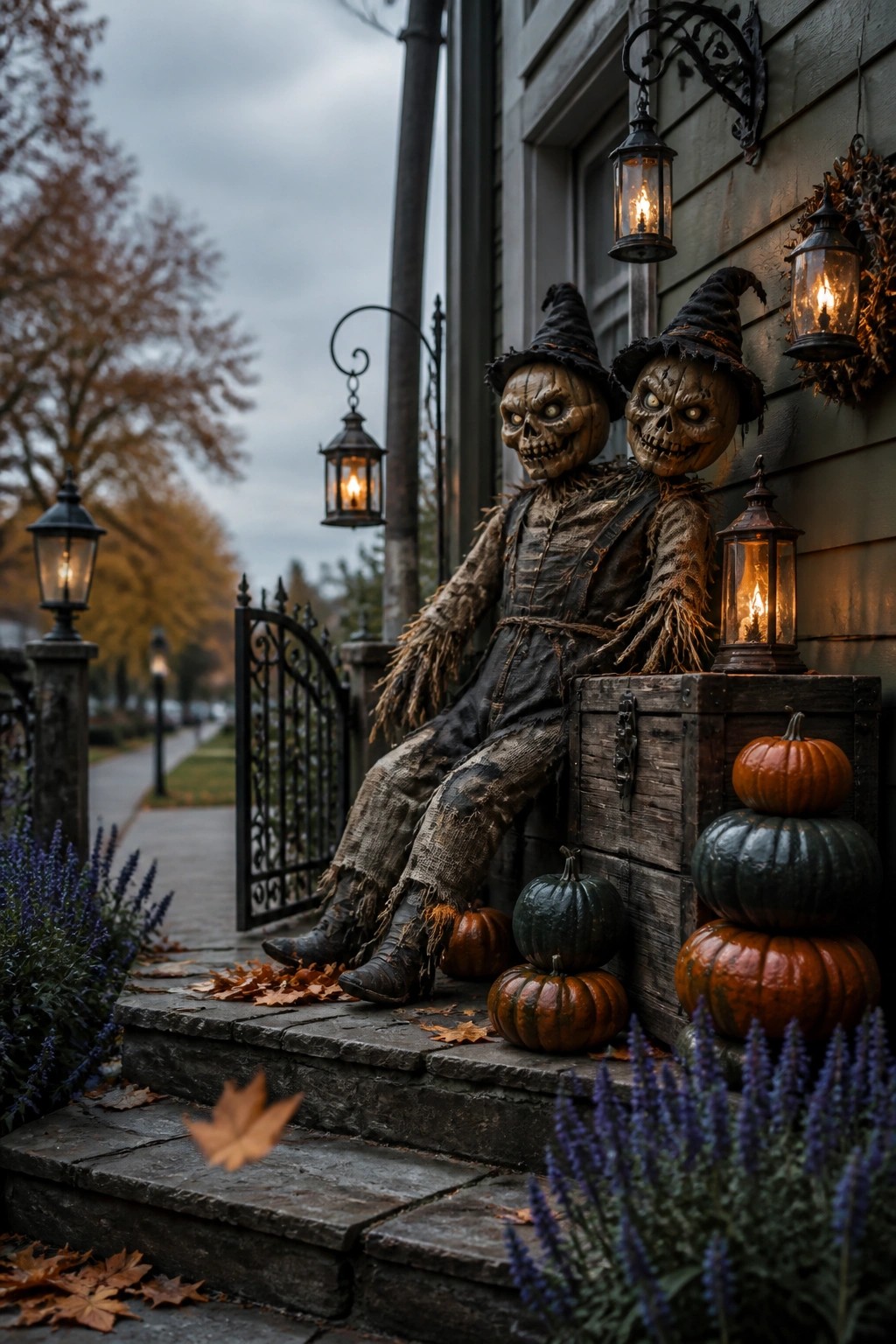 Two scarecrow-style figures with skull heads and witch hats sit on a wooden crate on stone steps beside stacked pumpkins and glowing lanterns.