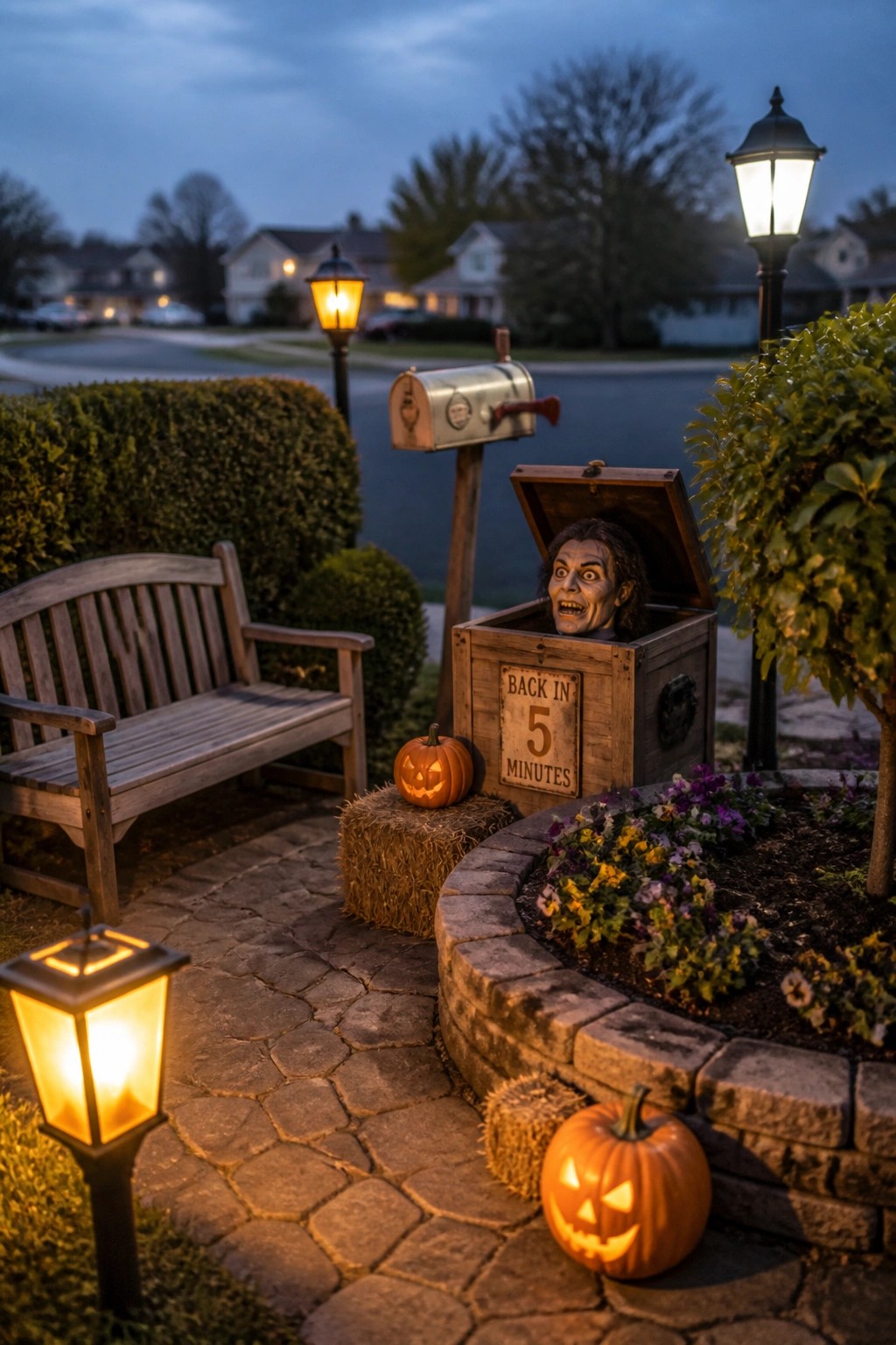 A wooden crate with an open lid reveals an animatronic head on a stone path beside pumpkins, a bench, and garden lights in a suburban yard at dusk.