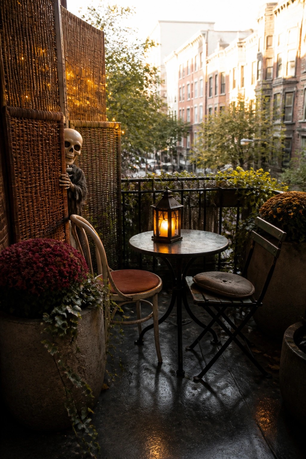 A skeleton animatronic peeks from behind a woven screen with string lights on a wet balcony that holds a small round table, two chairs, and potted plants.