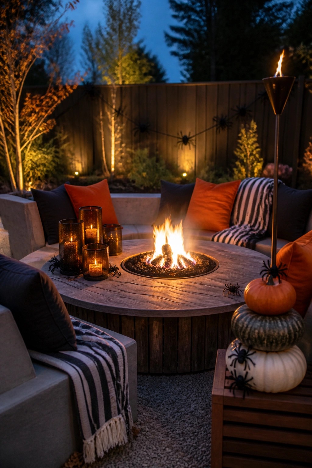Cozy fire pit at dusk with orange cushions, pumpkins, spiders, candles, and tiki torch.