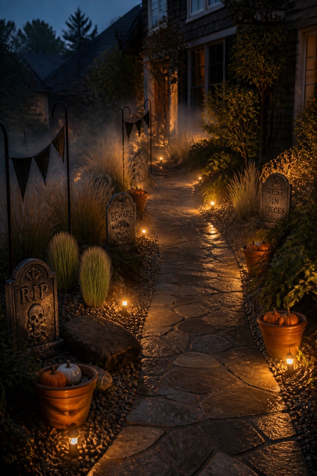 A stone pathway at dusk lined with small glowing lights, pumpkins in pots, and several decorative tombstones set in garden beds beside a house.