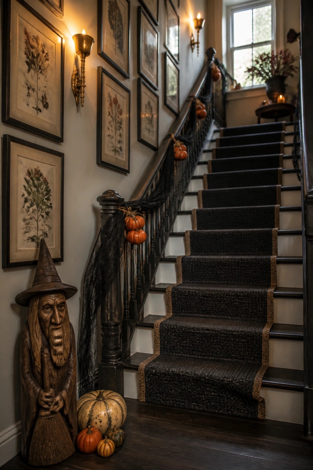 A wooden witch statue holding a broom stands at the base of a dark carpeted staircase lined with black garland and small pumpkins, with framed botanical prints on the wall.