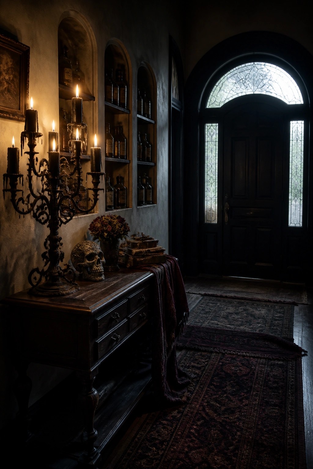 A dimly lit interior entry with a dark wood console holding a large candelabra with lit candles, a skull, stacked books, and a vase of dried flowers, plus arched wall niches filled with glass bottles and additional candles, facing a large dark door with stained glass.