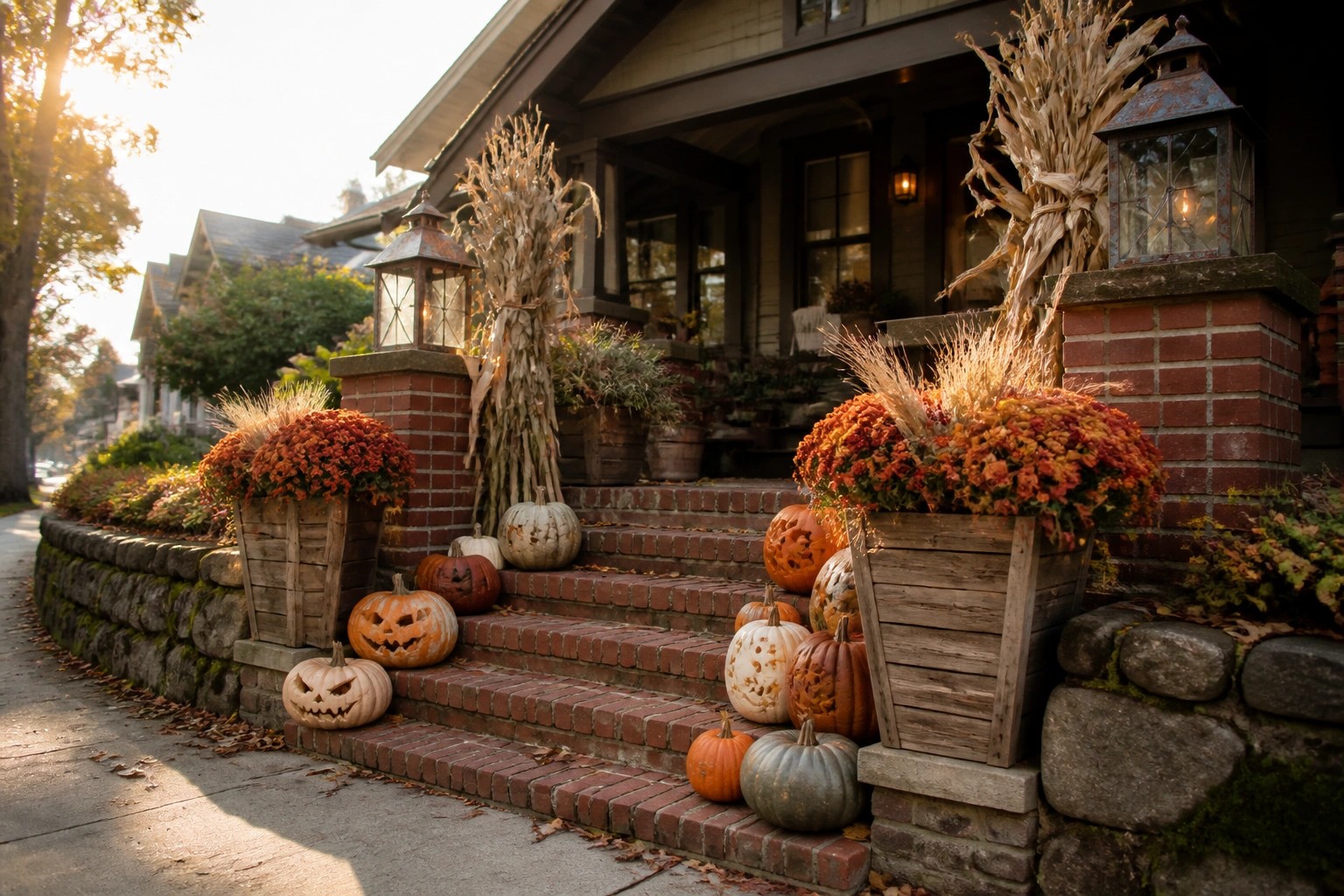 Front steps of a dark house lined with various pumpkins, two lanterns on stone pillars, corn stalks, and potted orange mums.