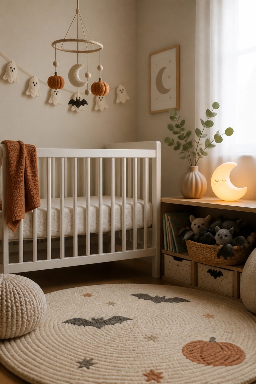 A white crib in a neutral nursery with a Halloween mobile, ghost garland on the wall, bat-patterned rug, and moon lamp on a low shelf.