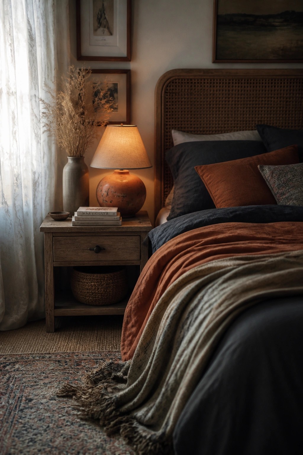 A bedroom corner showing a wooden bed with layered dark blue and rust bedding, a nightstand holding a lit lamp and stacked books, dried plants in a vase, and framed art above.