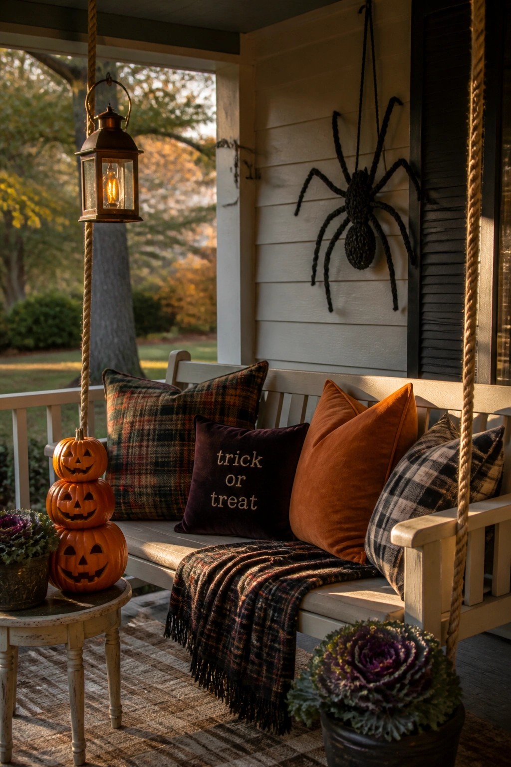 A white wooden porch swing decorated with plaid pillows, an orange pillow, a dark plaid throw, stacked carved pumpkins on a side table, a hanging lantern, and a large black spider decoration on the siding.