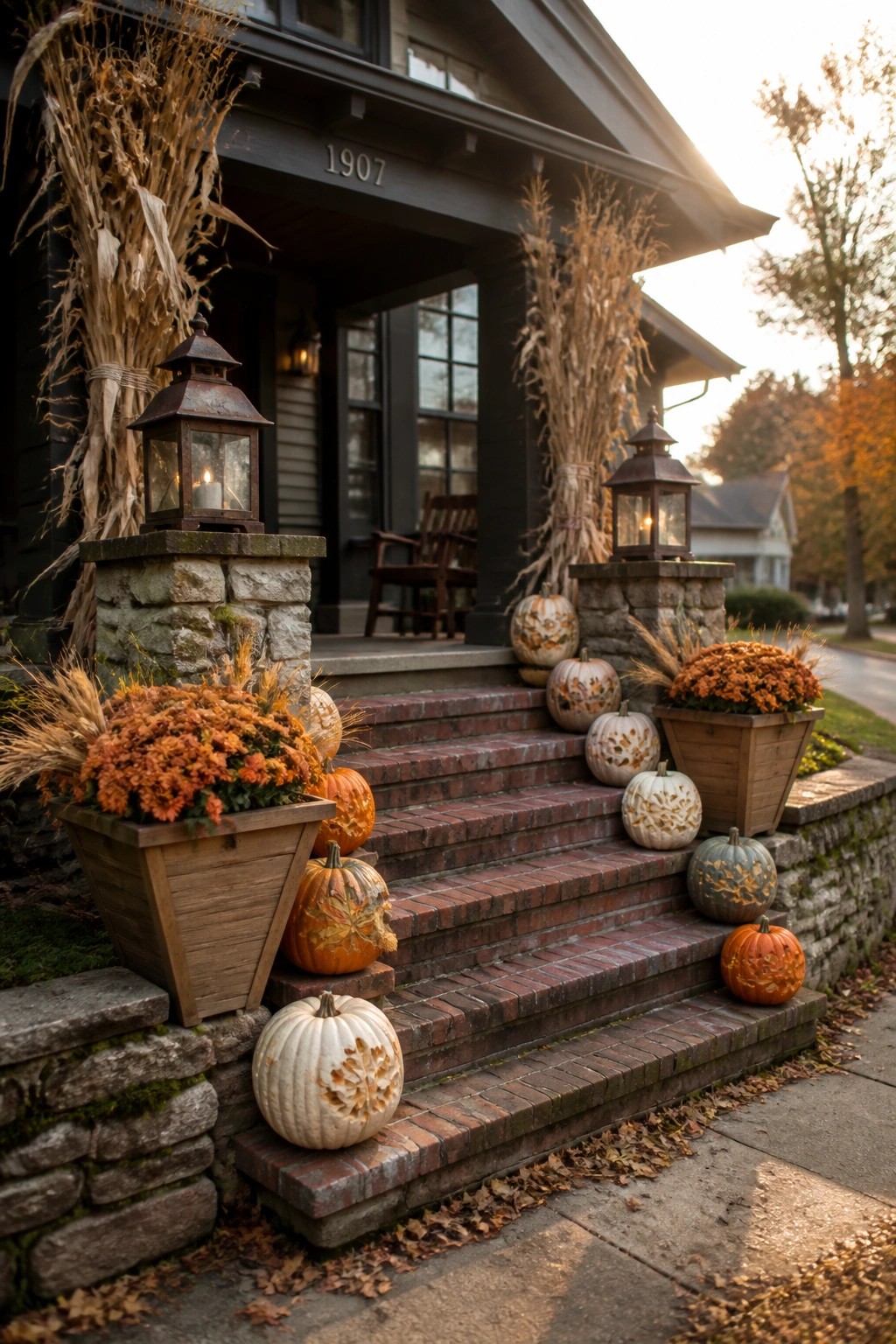 Front steps of a dark house lined with various pumpkins, two lanterns on stone pillars, corn stalks, and potted orange mums.