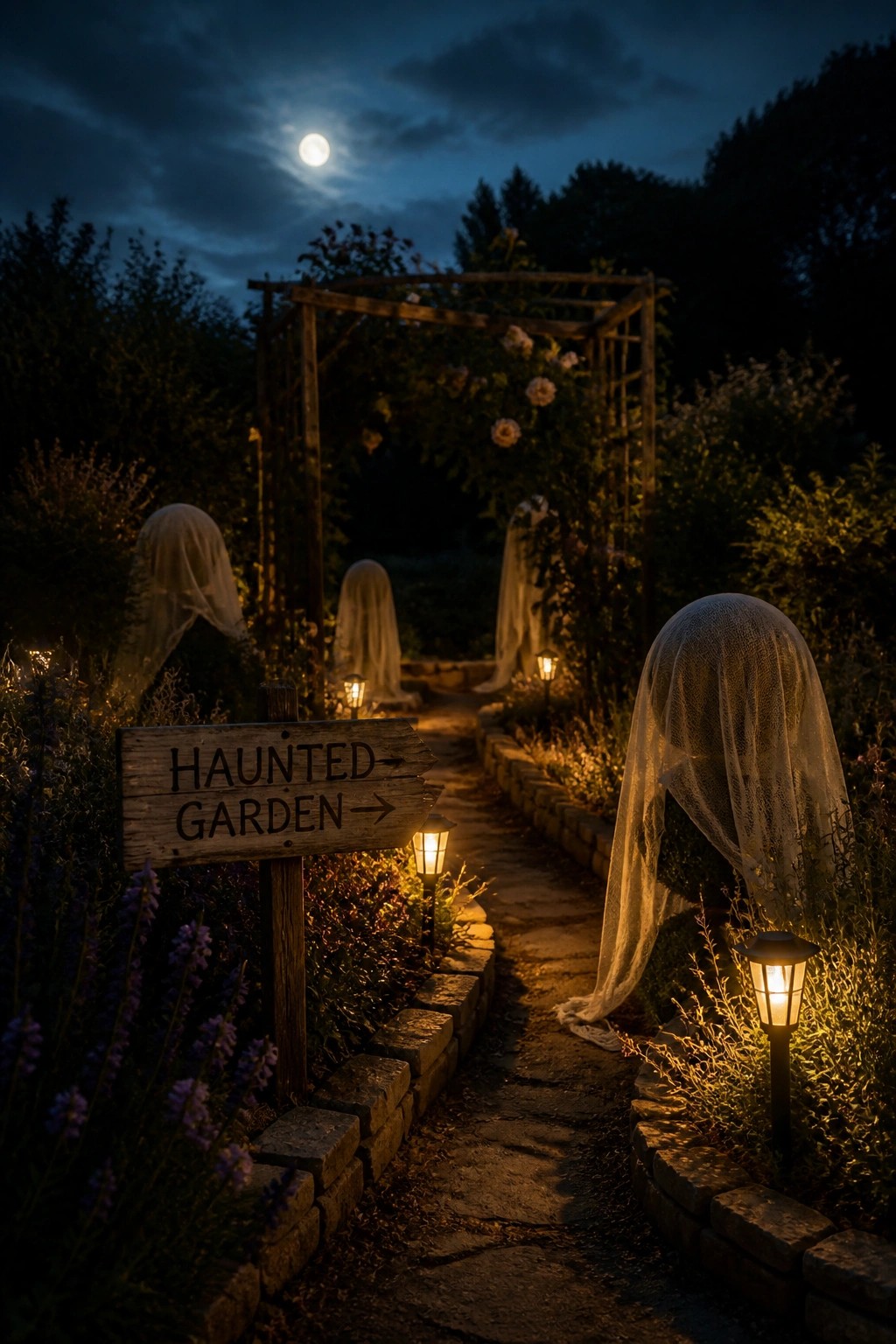 Moonlit garden path with 