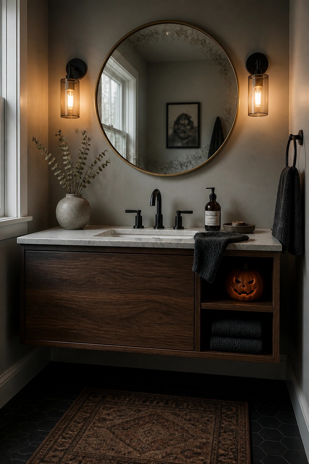 A modern bathroom vanity with dark wood cabinetry, marble countertop, round mirror, and a carved pumpkin placed inside an open side compartment.