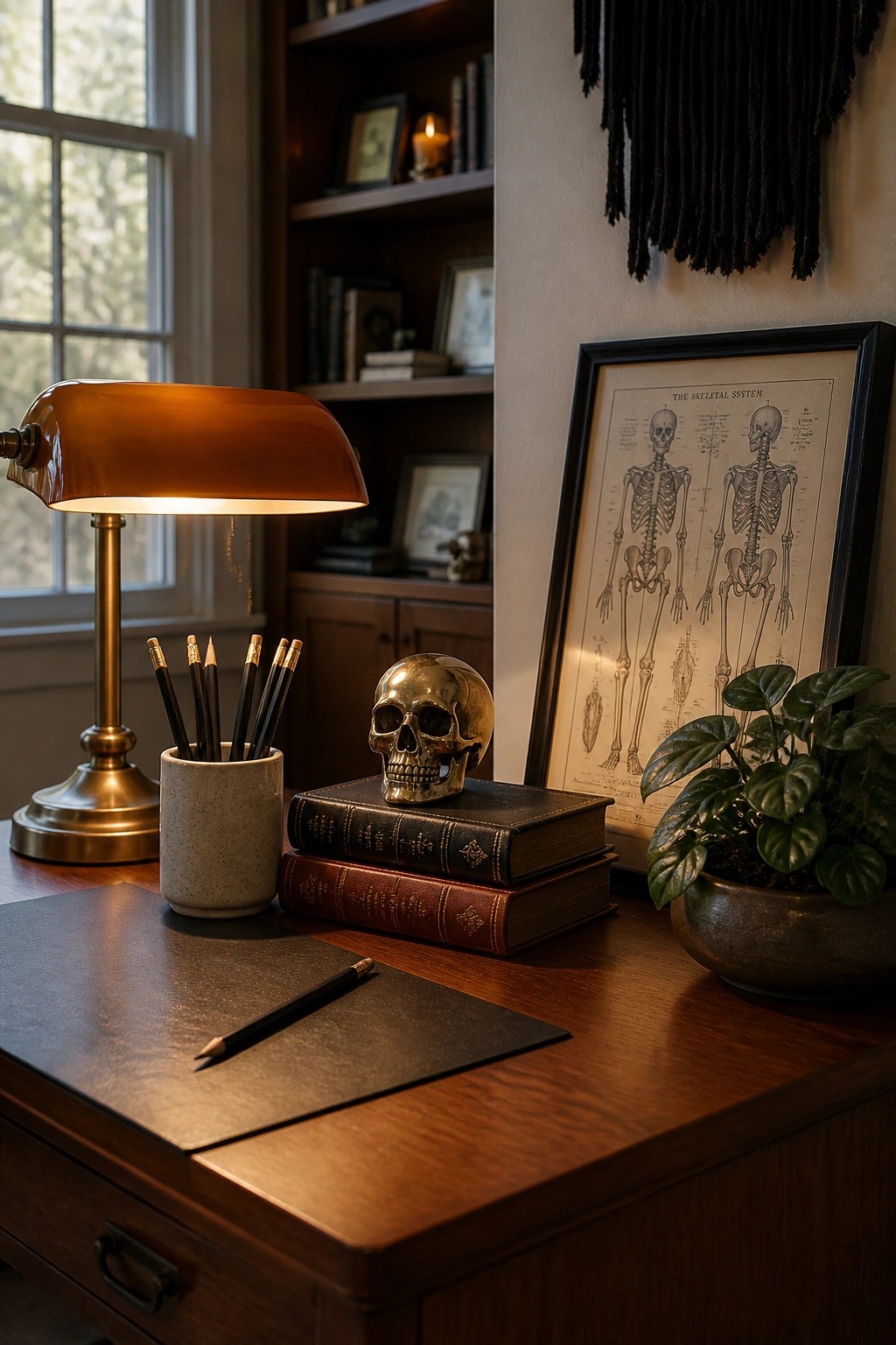 A wooden desk with a brass skull resting on two old books, a lit brass desk lamp, a cup of pencils, a notebook, a framed skeletal system poster, and a potted plant.