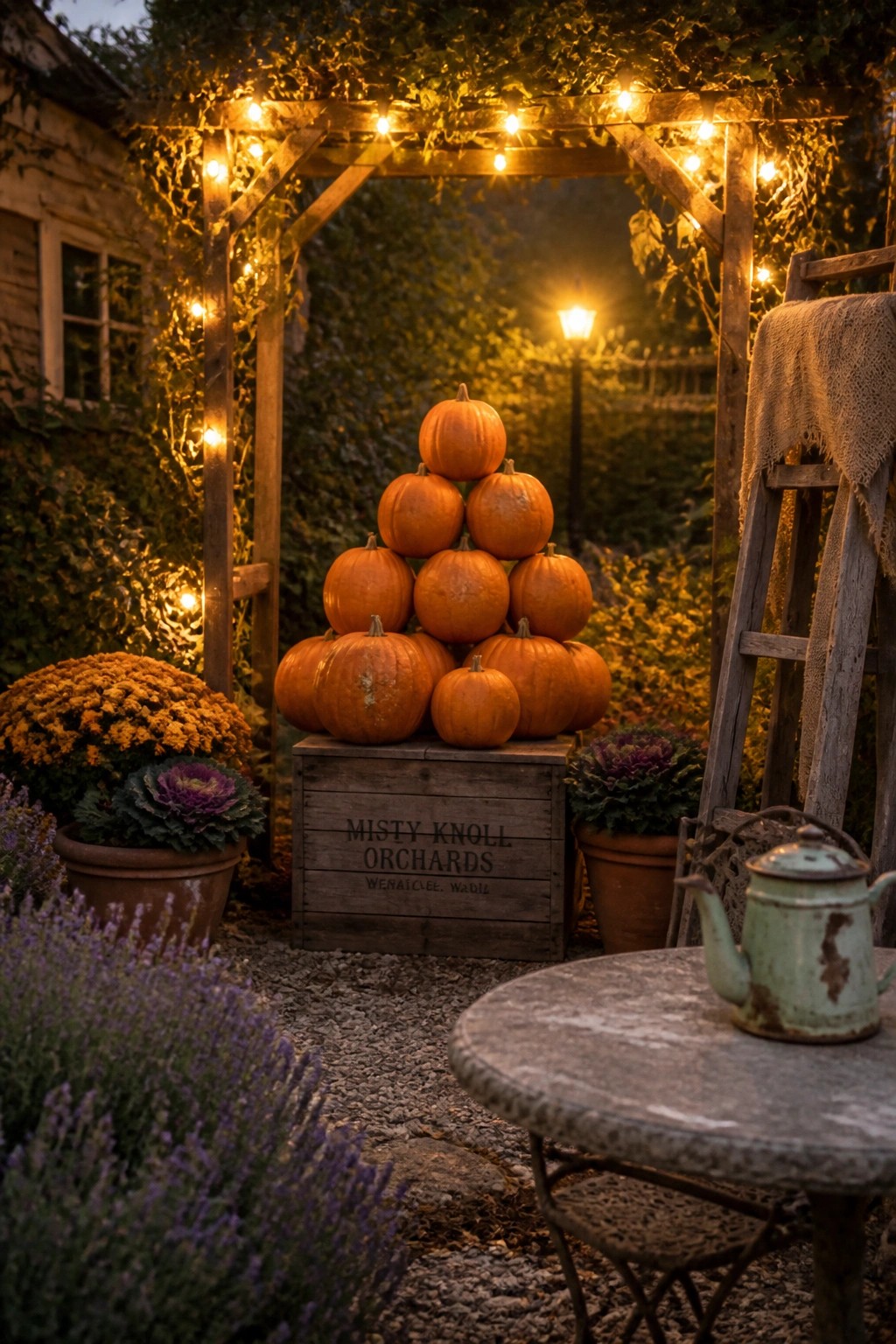 A pyramid of orange pumpkins stacked on a wooden crate under string lights on a garden pergola at dusk, with potted flowers and a metal table in the foreground.