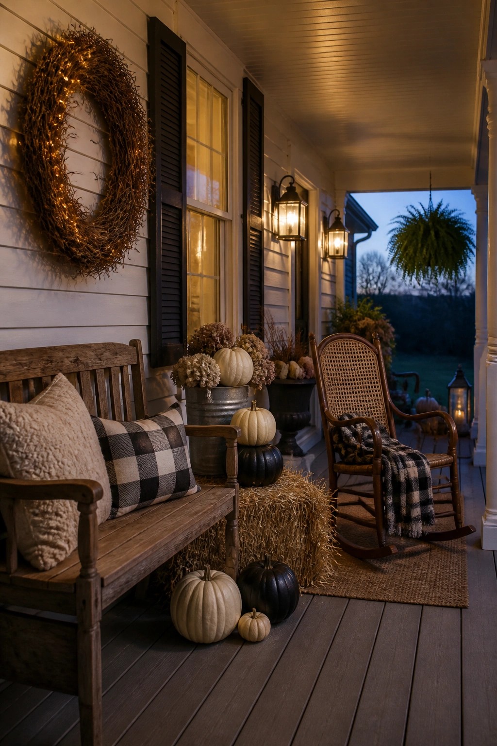 Cozy autumn porch with pumpkins, hay bale, rocking chair, bench, and glowing wreath.