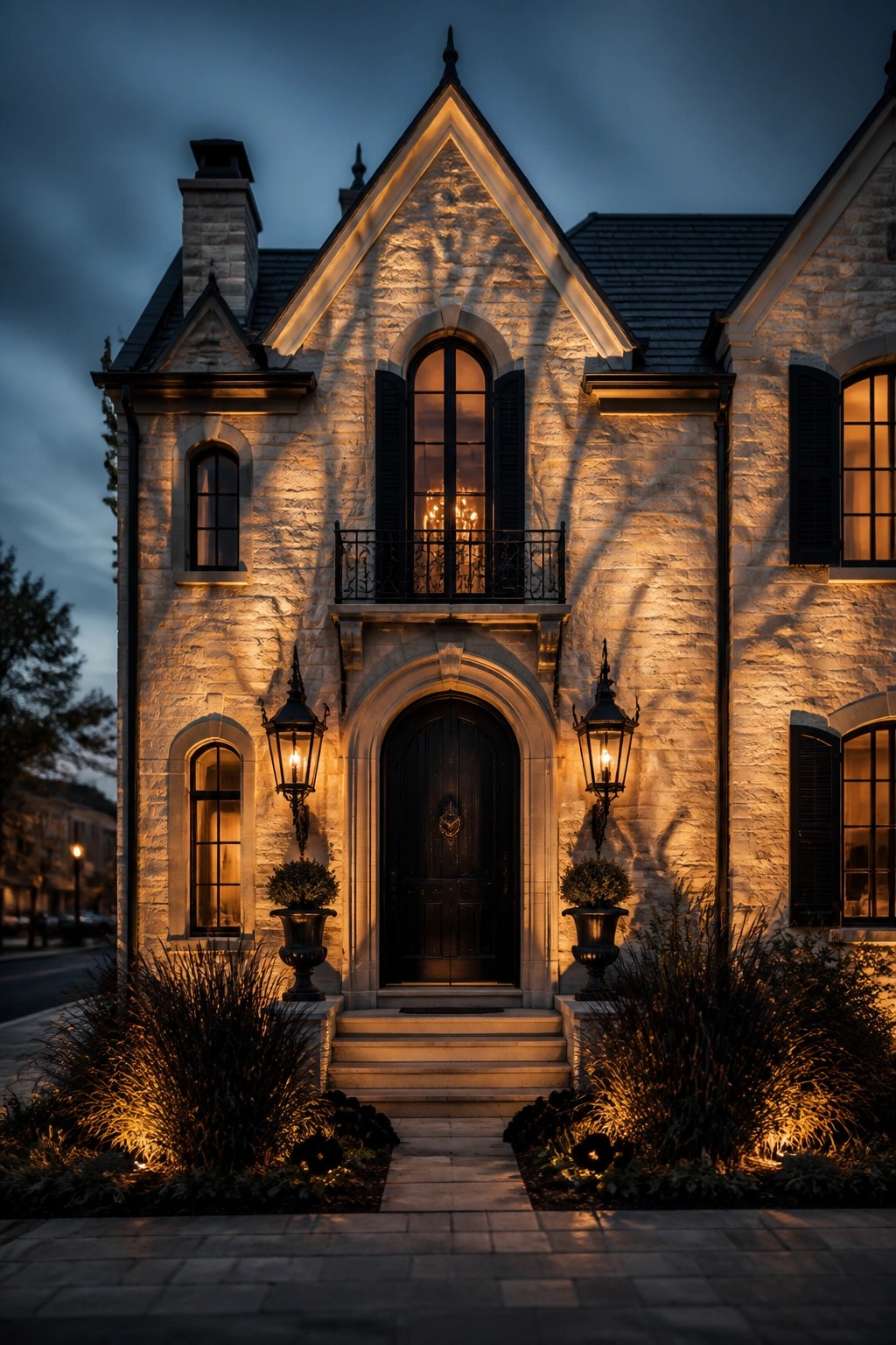 A two-story stone house at dusk with warm lights illuminating the facade, a dark arched door, black shutters, and lanterns flanking the entry steps.