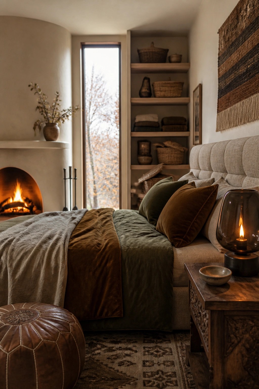 A bedroom interior featuring a bed with layered green and brown bedding, built-in open shelving holding baskets and folded textiles, and a fireplace visible on the left.
