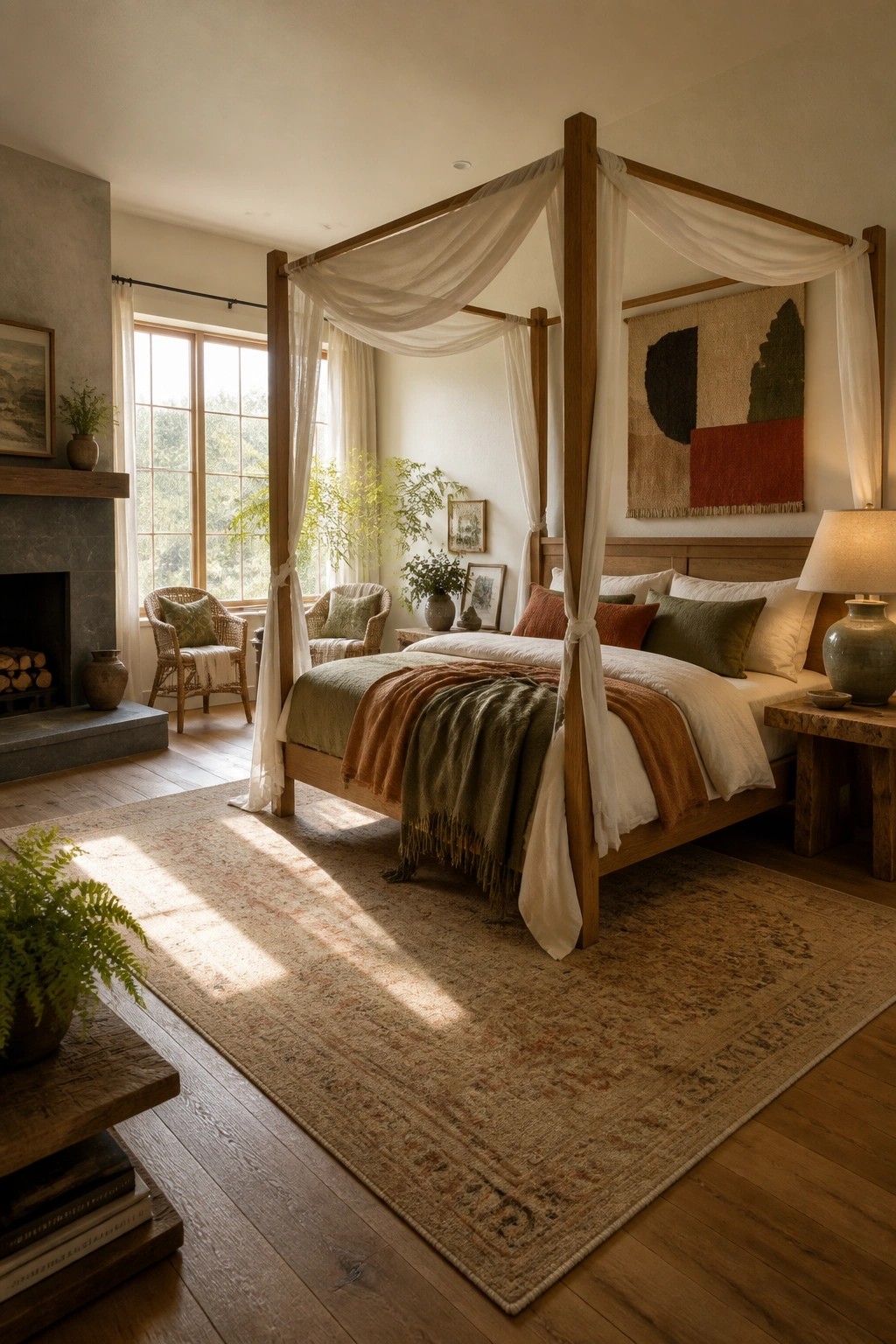 A bedroom with a wooden four-poster canopy bed draped in white sheer fabric, layered bedding in earthy tones, and a large patterned rug.