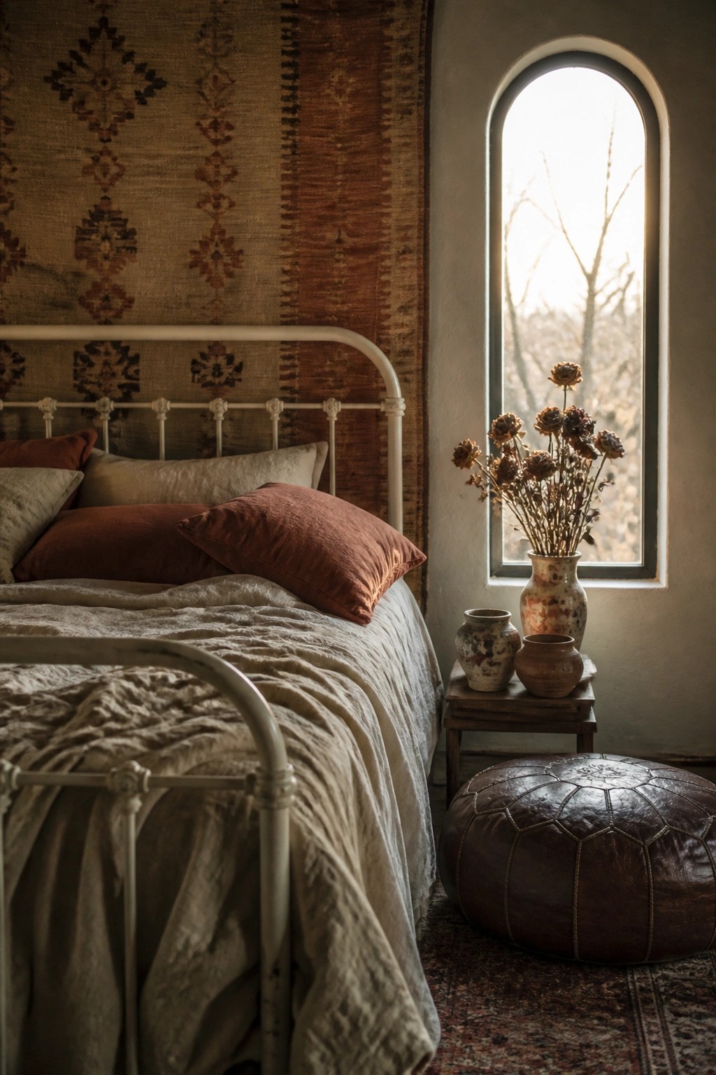 A bedroom scene showing a white metal bed with layered neutral and terracotta linens, a large patterned textile hanging on the wall behind it, and an arched window with pottery and a leather pouf nearby.