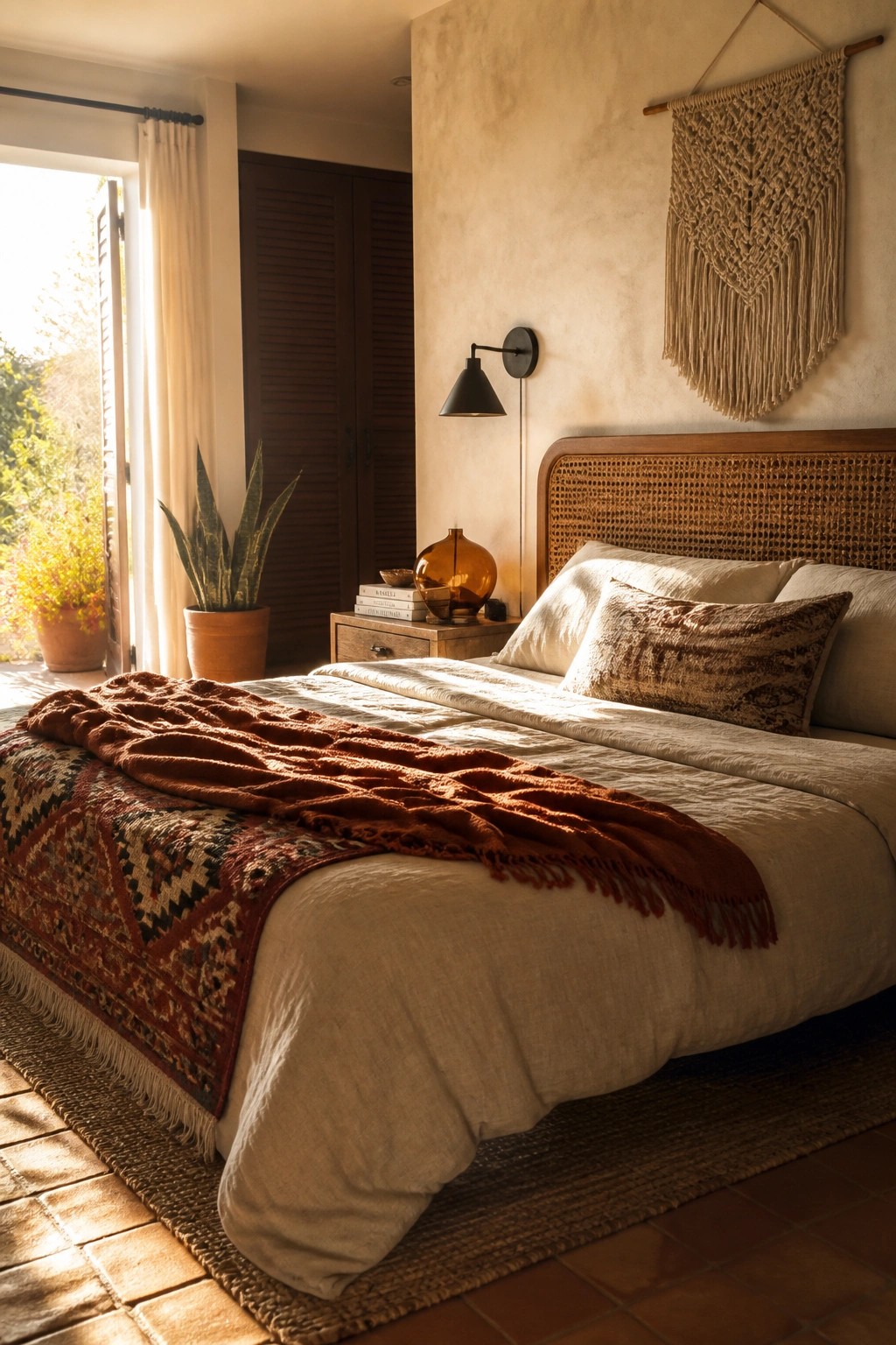 A bedroom featuring a wooden bed with layered neutral linens, a patterned fringed blanket, and a rust-colored throw, alongside a macrame wall hanging and a wall sconce.