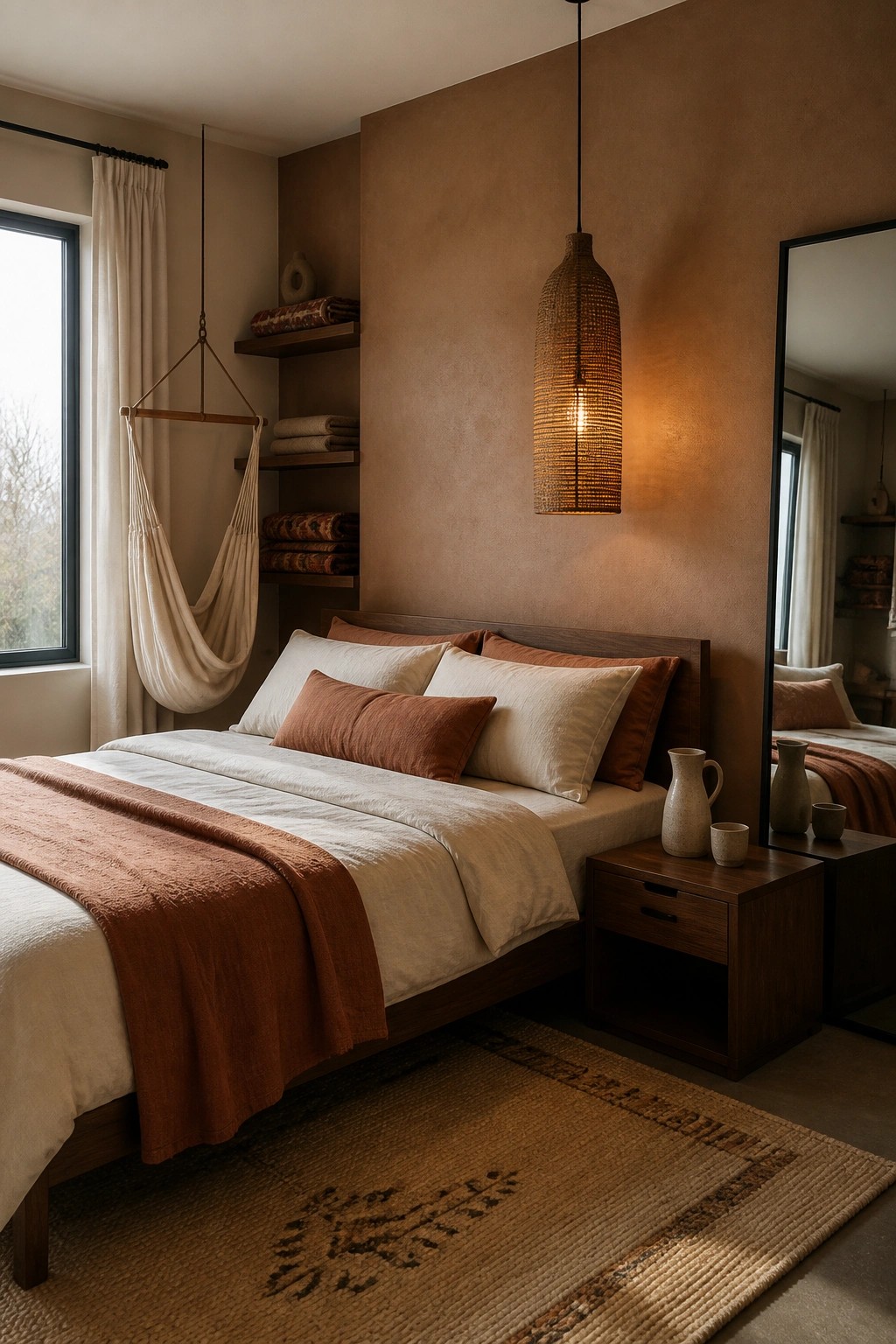 A bedroom featuring a wooden bed with white and terracotta bedding, a woven pendant light, built-in shelves with folded textiles, and a hanging chair near a window.