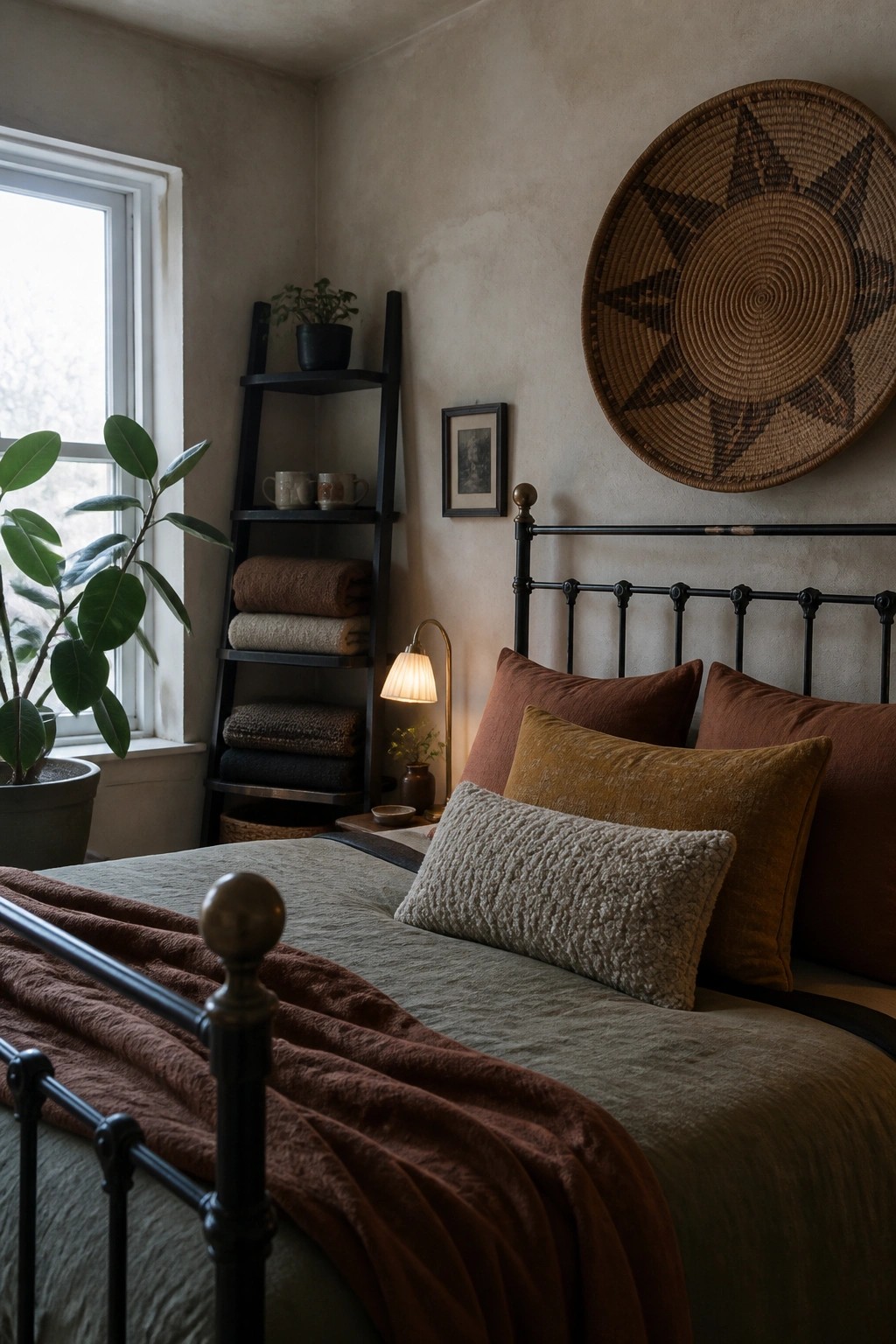 Cozy bedroom with black iron bed, rust pillows, woven sun basket, and ladder shelf.