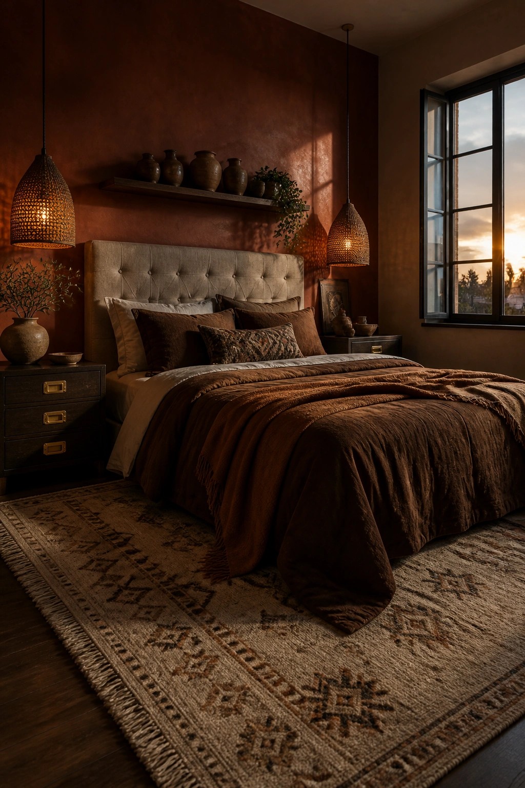 A bedroom featuring a large bed with layered brown bedding and pillows, terracotta walls, two woven pendant lights, a patterned rug, and a window showing a sunset.